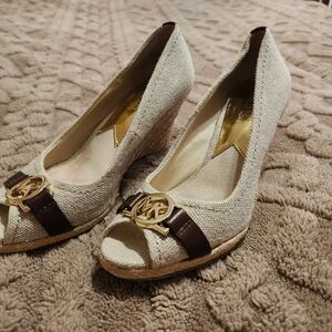 Michael Kors Women's Cream and Brown Peep Toe Wedges